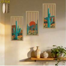 3 pièces Ensemble de décoration murale en bois plat 2D Saguaro Cactus - Art mural en bois creux de coucher de soleil désertique bohème, convient pour le salon, la chambre à coucher - Suspension murale en bois de cactus western vintage - 3 pièces - Voir 3