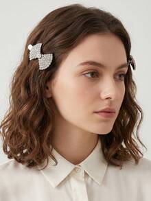 2pcs Sparkling Rhinestone Bowknot Hair Clips, Elegant Side Bangs Duckbill Clips, Princess Style Party Hair Accessories For Women - Silver - View 4