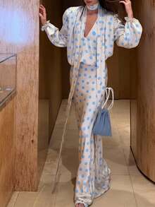 Vintage Polka Dot Maxi Dress, Puff Sleeve V-Neck With Neck Tie For Retro Style - Blue - View 3