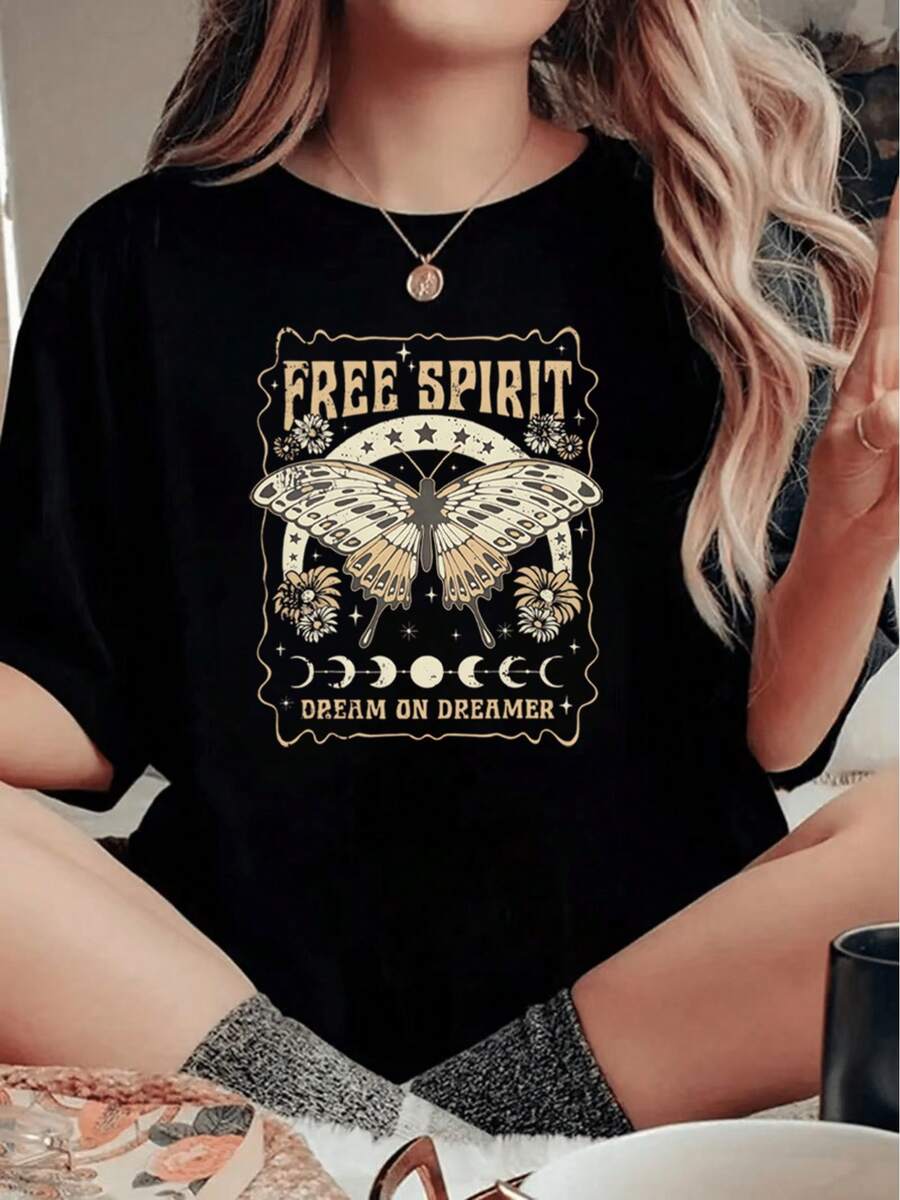 Fashionable Women's Spring/Summer Collection: A Bohemian Vintage-Inspired Black Loose-Fit T-Shirt With A Spiritual, Vibe. Featuring Butterfly, Mo - Black - View 1