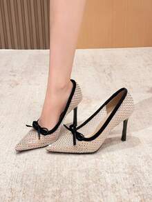 Xin Jing Shoes 女士高跟鞋,新款时尚百搭蝴蝶结水钻网面婚宴鞋,优雅日常通勤网面透气细高跟鞋 - 卡其色 - 查看 3