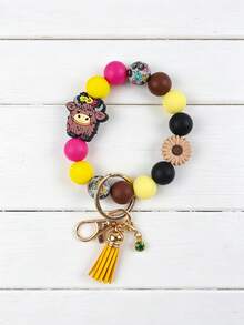 1 Peça Chaveiro Pulseira com Contas de Vaca das Terras Altas, Pulseira com Contas de Silicone e Pingente de Margarida, Borla de Camurça e Fecho de Caranguejo Banhado a Ouro, Chaveiro de Pulso Estilo Boêmio Ocidental, Acessório Fofo para Mulheres, Presente Perfeito para Amantes de Vacas, Chaveiro de Carro - 2814 - Visão 9