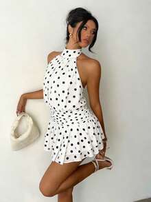 Women's White Polka Dot Spaghetti Strap Mini Dress, Sleeveless High Waist Ruffle Hem A-Line Dress For Party & Holiday Wear Wedding - White - View 4