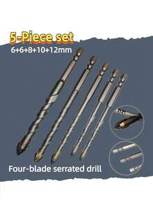 5件組 4槽鑽頭套組 (6+6+8+10+12mm)，由高硬度鎢鋼製成，配有六角柄。適用於電動鑽機和無線鑽機，完美適用於鑽孔玻璃、混凝土、大理石和木材，耐磨且耐用。 - 四刃鋸齒鑽頭 - 查看 10