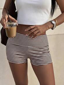 SCARLUX Fall Y2K Women Horizontal Striped Shorts, Brown Foldover High Waist Slim Short Pants For Back To School Street Wear Summer - Brown - View 6