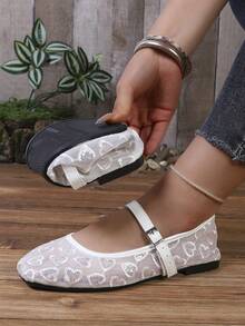 White Heart Embroidery Mesh Mary Jane Shoes, Square Toe Buckle Breathable Flat Ballet Style - White - View 2