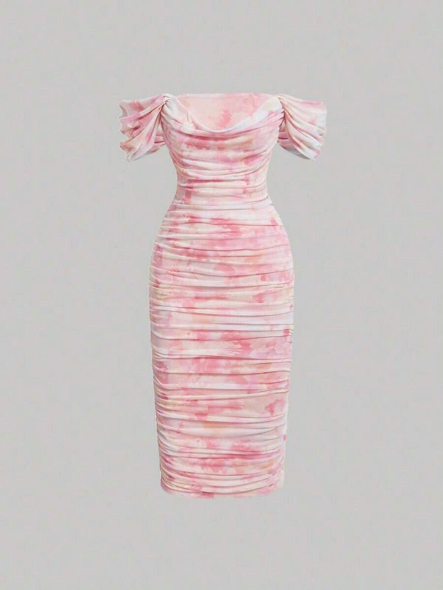 MOD Vestido De Mujer Con Escote De Hombros Descubiertos Volantes Y Estampado Floral - Rosa - Ver 1