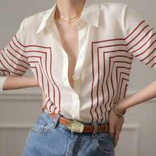Women's fashion YUXIN Blusa de seda con rayas geométricas para mujer, de manga larga y ajustada con cuello, transpirable y de moda, adecuada para la oficina/ocasiones sociales ligeras casuales - Rojo - Ver 1