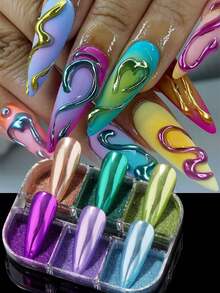 6 Colors Dopamine Metallic Nail Powder, Shiny Mirror Effect Pigment Powder, Multi-Color Matte Glitter Powder, Suitable For Gel/Acrylic Nails, Long-Lasting DIY Nail Art Decoration - Multicolor - View 9