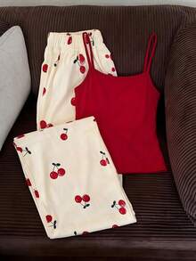 Women's Casual Loungewear Set, Cherry Pattern, Suitable For Summer Wear, Commuting And Beach Vacation Elegant - Multicolor - View 1