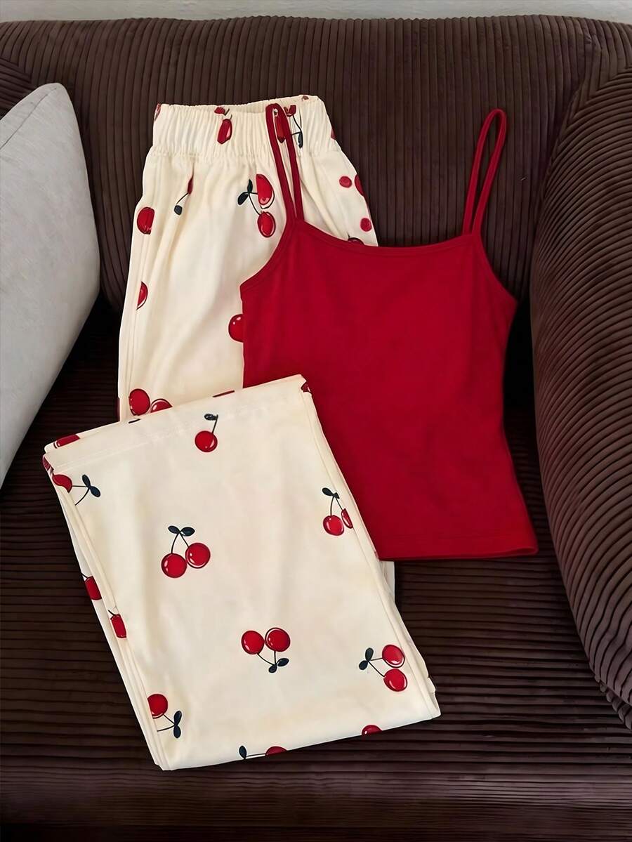 Women's Casual Loungewear Set, Cherry Pattern, Suitable For Summer Wear, Commuting And Beach Vacation Elegant - Multicolor - View 1