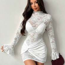 Yunuo Menswear PETITE Vestido mini de encaje transparente y sexy color borgoña, adecuado para citas diarias, salidas nocturnas, discotecas, fiestas, reuniones, fiestas de cóctel, fiestas de piscina, otoño/invierno - Blanco - Ver 1