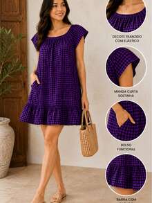 Casual Short Dress With Front Buttons, Long Sleeves, And A Plaid Print. - 紫色 - 查看 2