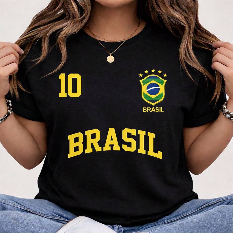 Women's T-Shirt/Blouse, 100% Cotton, Streetwear, Brazil, World Cup, Flag, Soccer - 黑色 - 查看 1