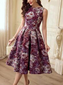 xheVintamour Vestido de mujer elegante y clásico vintage, vestido ajustado de jacquard para primavera/verano, vestido de escote barco, vestido floral rosa sobre base albaricoque, vestido rosa, vestido de vuelo de longitud mediaxhe - Burdeos - Ver 8