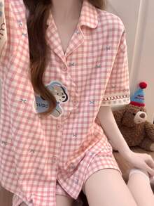 2pcs/Set Women's Pajama Loungewear Set, Cute Puppy Print Short Sleeve & Shorts, Casual Comfortable Fashion, Suitable For Spring And Summer - Pink - View 1