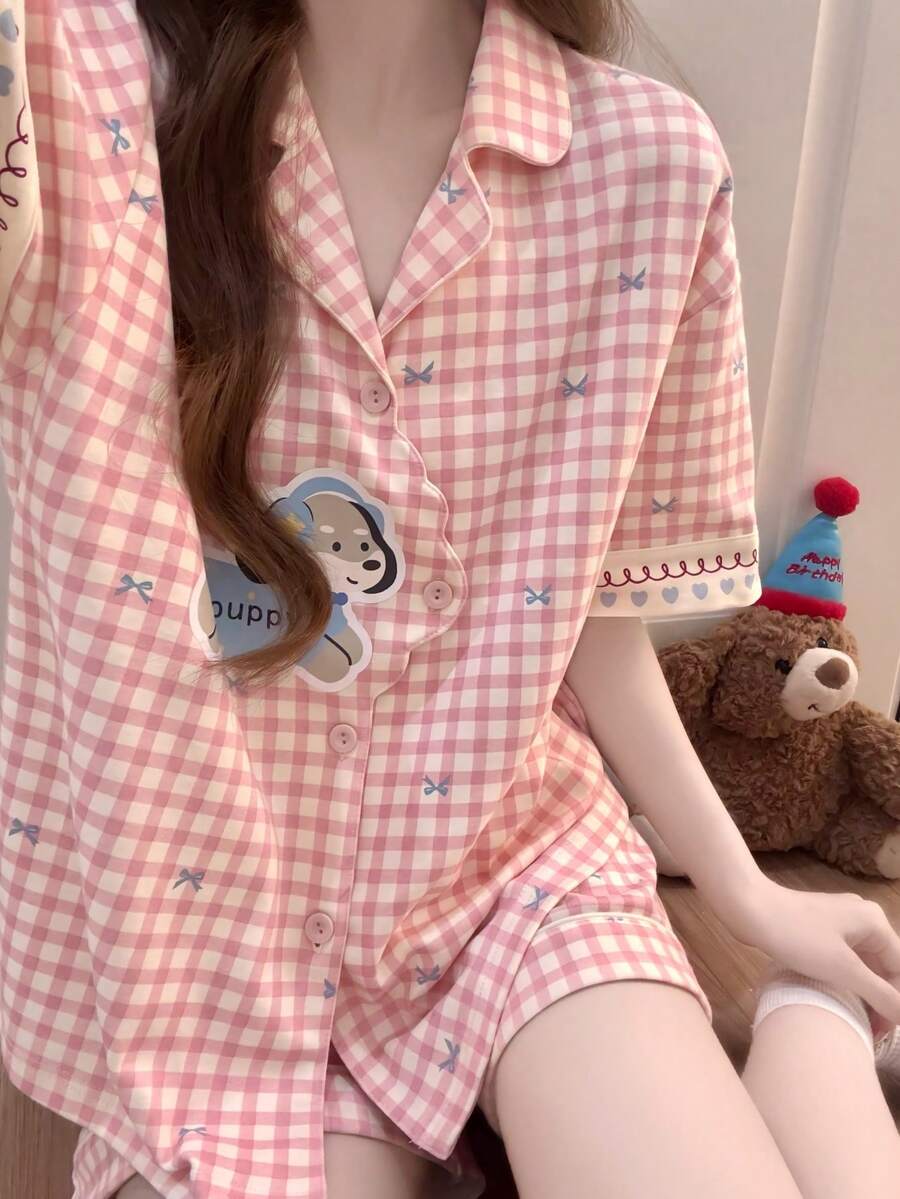 2pcs/Set Women's Pajama Loungewear Set, Cute Puppy Print Short Sleeve & Shorts, Casual Comfortable Fashion, Suitable For Spring And Summer - Pink - View 1