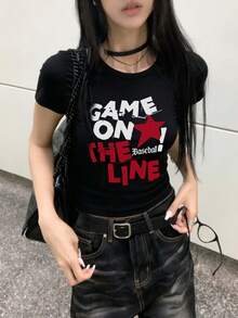 女款圓領短袖T恤，夏季新款字母印花，美式辣妹風，時尚休閒百搭修身短版上衣，黑色 - 黑色 - 查看 7