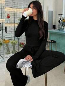 Boho Chic,Euro-American Style,Women's Casual Clothing Solid Color Two-Piece Women's Casual Waist Pleated Long-Sleeved Top With Trousers Suit, - 黑色 - 查看 3