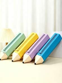 1 pièce Trousse à crayons en silicone en forme de crayon mignon, grande capacité, fermeture éclair lisse, pochette de papeterie - Multicolore - Voir 2