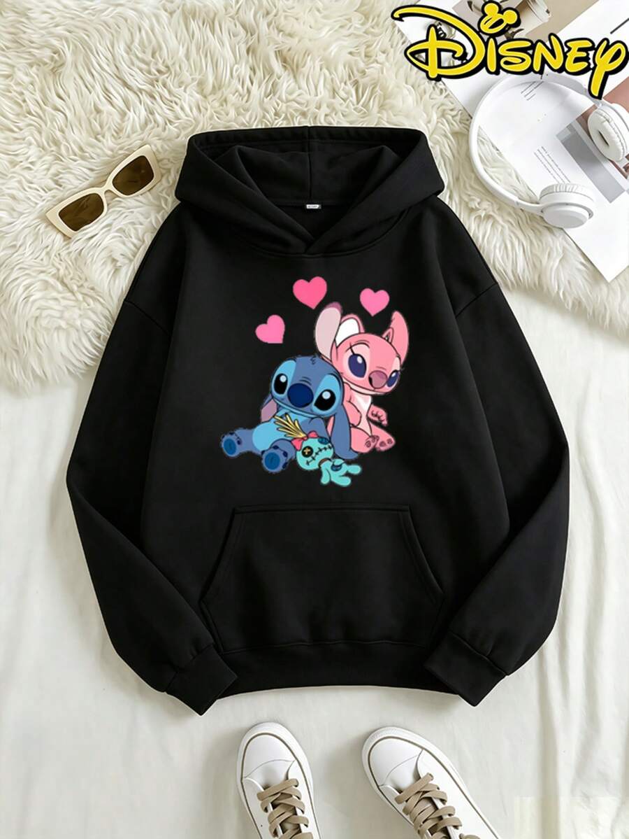Disney Lilo & Stitch "Stitch & Angel" Printed Hoodie, Double-Sided Graphic Design, Cute Cartoon Character Pullover, Casual Loose Fit Sweatshirt For Daily And Casual Wear - màu đen - Xem 1