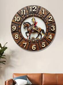 2D Style Wooden Round Wall Clock With Cowboy Riding Horse Pattern, Silent Non-Ticking, Suitable For Home Decor And Gifts, Requires AA Battery (Not Included) - Multicolor - View 8