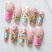 NailLuxe 10 PCS 100% Handmade Reusable Acrylic Square Press-On Nails | Nude Pink American Dollar Print 3D Bow & Rhinestone Bangle Style With Nude Pink & Pink Ombre Bases, 3D Bow, Dollar Print & Multi-Gem - 金色 - 查看 2