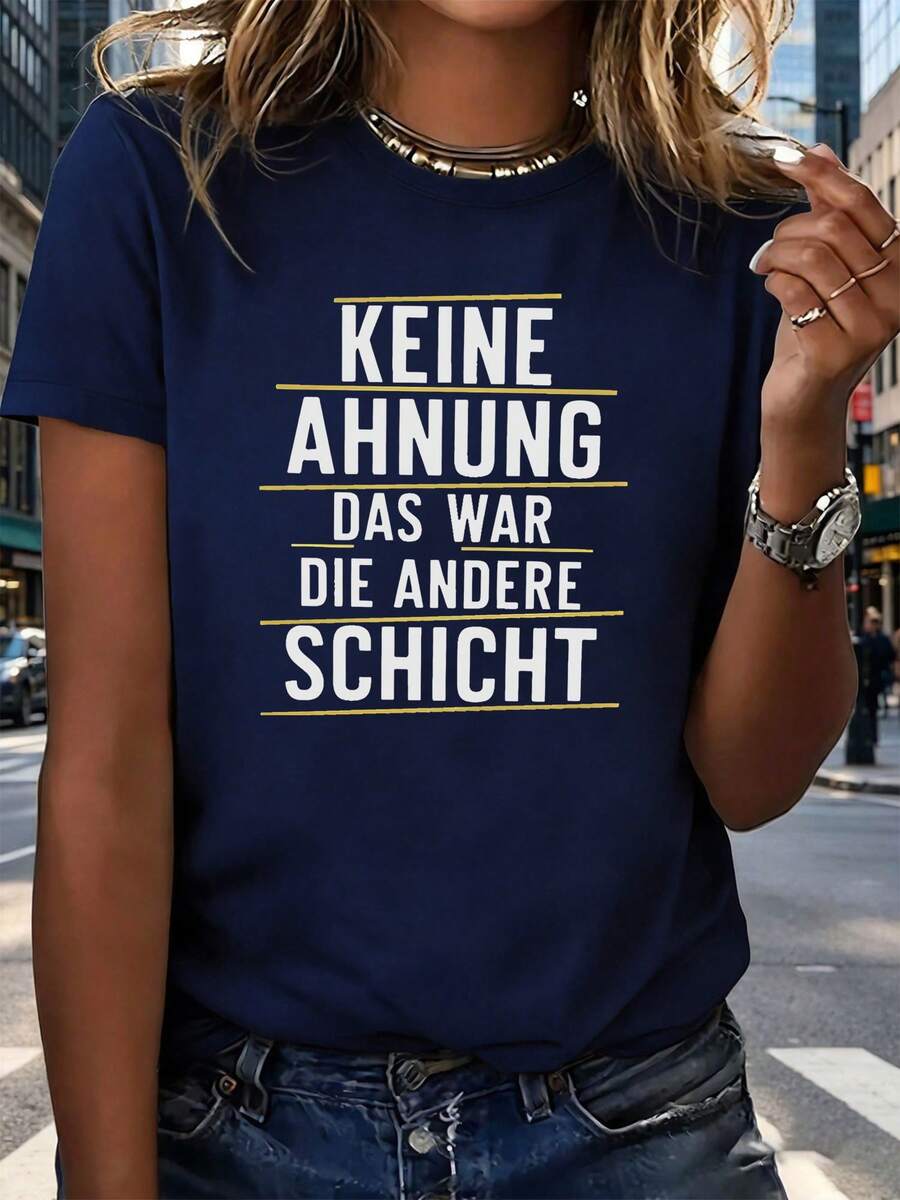 Women's T-Shirt, Blurred Image With Yellow Line Decorations, Lightweight And Breathable - 藏蓝色 - 查看 1