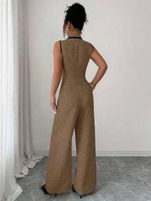 Traje de chaleco y pantalones con ribete de contraste elegante para mujer, todos los atuendos para mujer, de vuelta a la escuela, atuendos de maestra para mujer, vestido de invitada de boda elegante, casual de negocios para mujer, vestido de invitada de boda elegante, estilo de mujer de dinero antiguo, camisa abotonada para mujer, en otoño/invierno - Marrón - Ver 2
