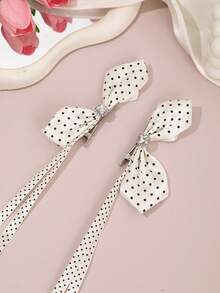 2Pcs French Vintage Polka Dot Bow Hair Clip, Rhinestone Long Ribbon Side Clip, Daily/Date Versatile Hair Accessory,Hair Claws - Multicolor - View 6