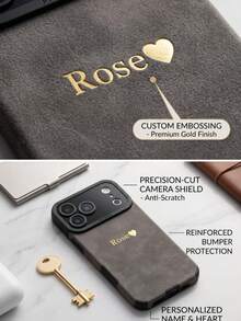 Capa de telemóvel personalizada compatível com iPhone 17 16 15 14 13 12 11 Pro Max 17 Air 14 15 16 Plus, iniciais e nome personalizados, letras douradas gravadas 3D DIY, capa traseira com tecnologia de estampagem a quente, luxo coreano, couro fosco, capa à prova de choques, capa de couro, presentes de festival para casais, amigos, família, você mesmo e crianças - Cinza escuro - Ver 7