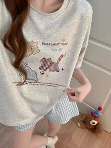 2pcs/Set Women's Pajama Loungewear Set, Cute Kitten Print Minimalist Casual Style, Shorts Comfortable Fashionable, Suitable For Spring And Summer - Multicolor - View 11