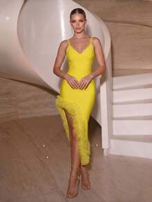 Sexy Spaghetti Strap Deep V Asymmetric Mesh Ruffle Hem Bandage Dress - Yellow - View 2