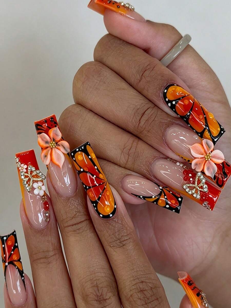 Transform Your Nails With This 24-Piece Set Of Leopard Print French Elegant And Gorgeous 3D Water Drop Vintage Orange Butterfly Floral Gold Bead Decorated Long Square Press-On False Nail Tips, Perfect For Nail Art For Girls And Women's Daily, Outdoor, And Party Gatherings - Multicolor - View 1