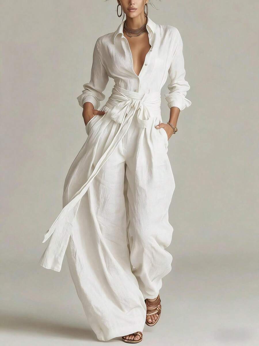 Spring Summer Women Solid Color Two Piece Set Long Sleeve Top Loose Long Pants Elegant Temperament Casual Daily Street Vacation Matching Outfits - 白色 - 查看 1