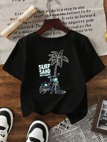 2026 Nueva Colección de Verano para Niños y Niñas, Camiseta de Manga Corta con Estampado de Motocicleta y Palmera, 1 Pieza, Estilo Retro, Transpirable y Cómoda para Vacaciones en la Playa, Ropa Deportiva Casual. - Negro - Ver 1