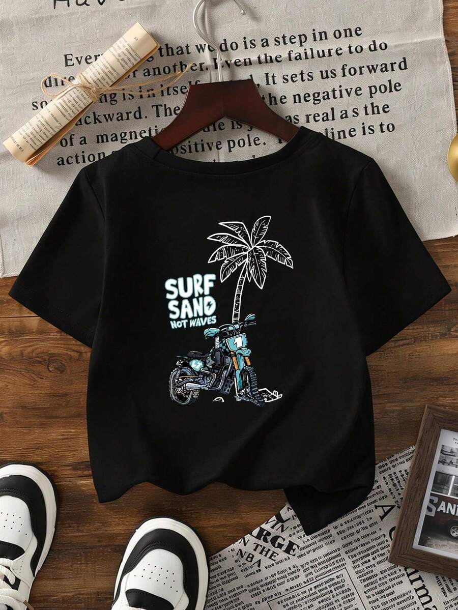 2026 Nueva Colección de Verano para Niños y Niñas, Camiseta de Manga Corta con Estampado de Motocicleta y Palmera, 1 Pieza, Estilo Retro, Transpirable y Cómoda para Vacaciones en la Playa, Ropa Deportiva Casual. - Negro - Ver 1