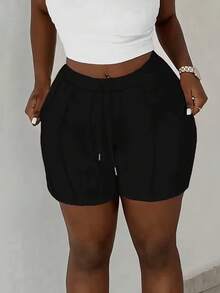 Women's Fashion Solid Color Drawstring Shorts, Casual Elastic Waist Slant Pocket Shorts, Folded Design Sports - Black - View 3