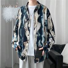 【YIXIXIHO】香港風 シルクサテン 花柄シャツ メンズ ワルかっこいい なめらか ドレープ感 ゆったり 長袖 レトロ 全面プリント オイルペイント柄 シャツ送料無料 - ブルー - チェックする 1