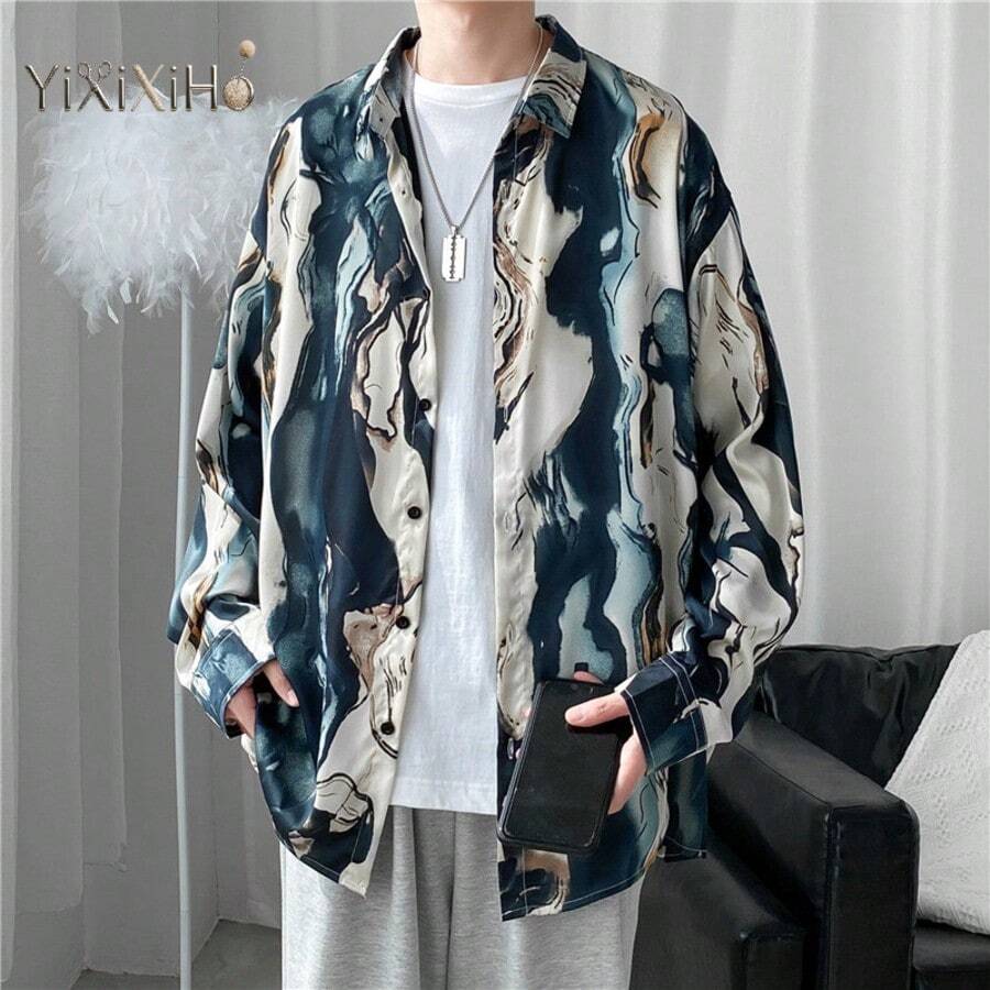 【YIXIXIHO】香港風 シルクサテン 花柄シャツ メンズ ワルかっこいい なめらか ドレープ感 ゆったり 長袖 レトロ 全面プリント オイルペイント柄 シャツ送料無料 - ブルー - チェックする 1