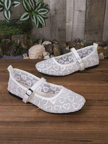 White Heart Embroidery Mesh Mary Jane Shoes, Square Toe Buckle Breathable Flat Ballet Style - White - View 7