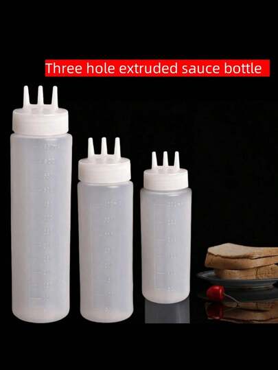 1pc Multi-Function Kitchen Squeeze Bottle, 3-Hole Gradient Design, Made Of PE Material, Suitable For Condiments, Seasonings And Baking, Comes With White, Red And Amber Nozzles, Condiment Dispenser, Modern Kitchen Accessory, Transparent Material, Soy Sauce Squeeze Bottle