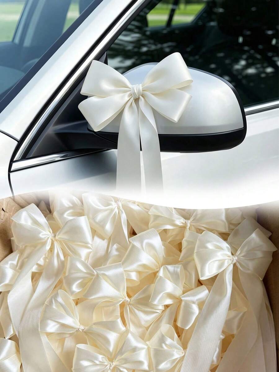 12/4pcs Wedding Car Decorative Bows: Bohemian-Style Satin Bows-Cute Pink And White Designs, Perfect For Weddings, Birthdays, And Valentine's Day; Ideal For Decorating Bridal Gifts, Candleholders, Wine Glasses, And Gift Wrapping; Bow Decorations - Multiple Styles - View 1