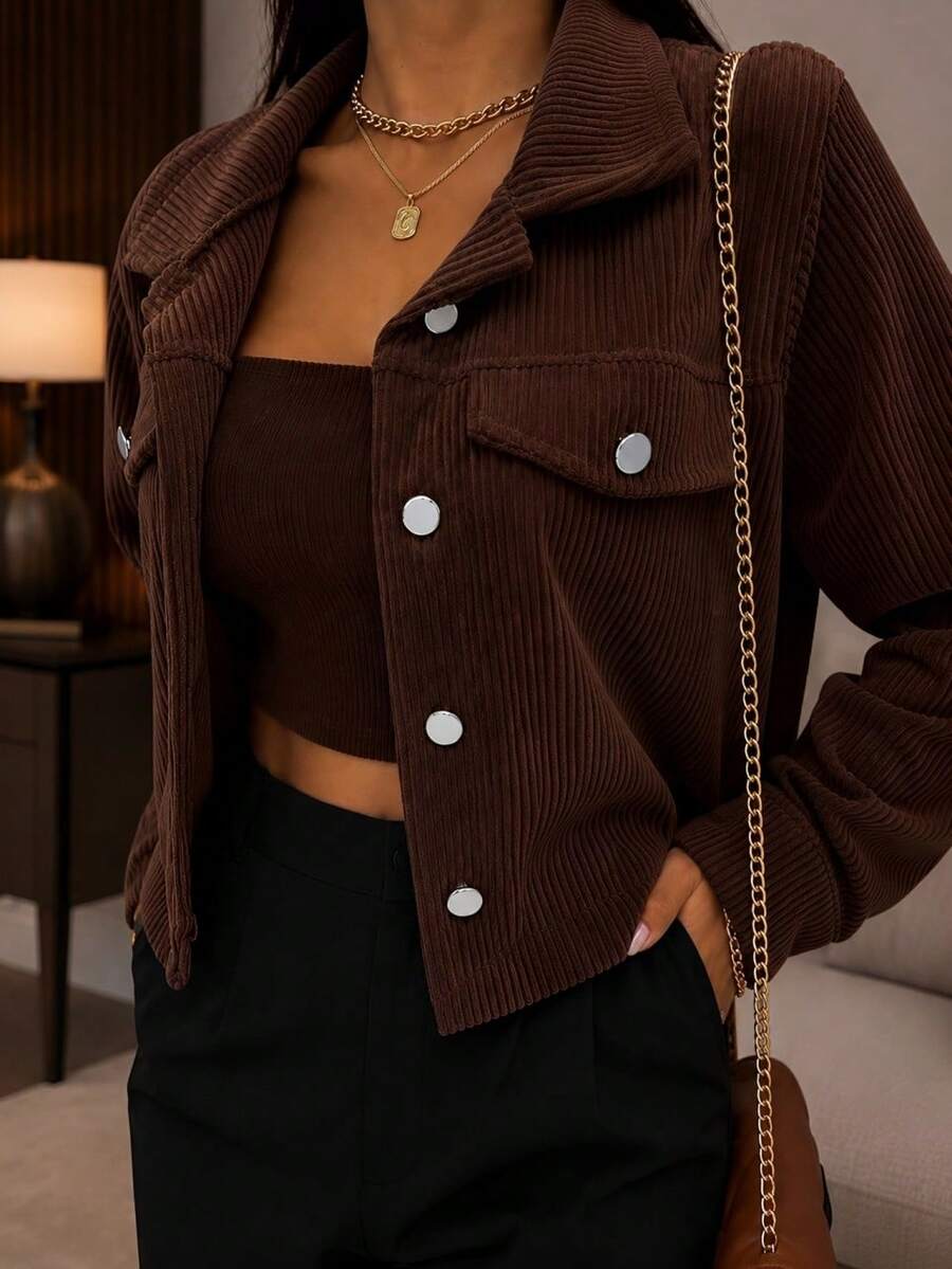 Women's Corduroy Cropped Jacket With Front Buttons - 鏽棕色 - 查看 1