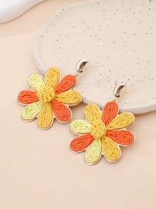 1 Pair Handmade Bohemian Style Raffia Flower Earrings, Retro Contrast Color Metal Earrings, Suitable For Beach, Party, Afternoon Tea, Daily Commute - Orange - View 10