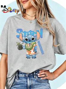 Breathable Cotton Disney Fan Tee | "Vacation Stitch" Hawaiian Shirt & Coconut Drink Graphic Print | Nostalgic Cartoon Pullover Shirt - 灰色 - 查看 1