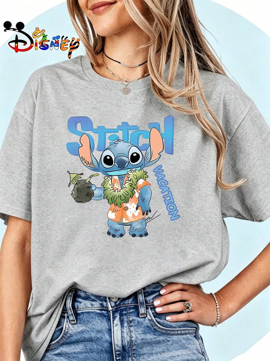 Breathable Cotton Disney Fan Tee | "Vacation Stitch" Hawaiian Shirt & Coconut Drink Graphic Print | Nostalgic Cartoon Pullover Shirt - 灰色 - 查看 1