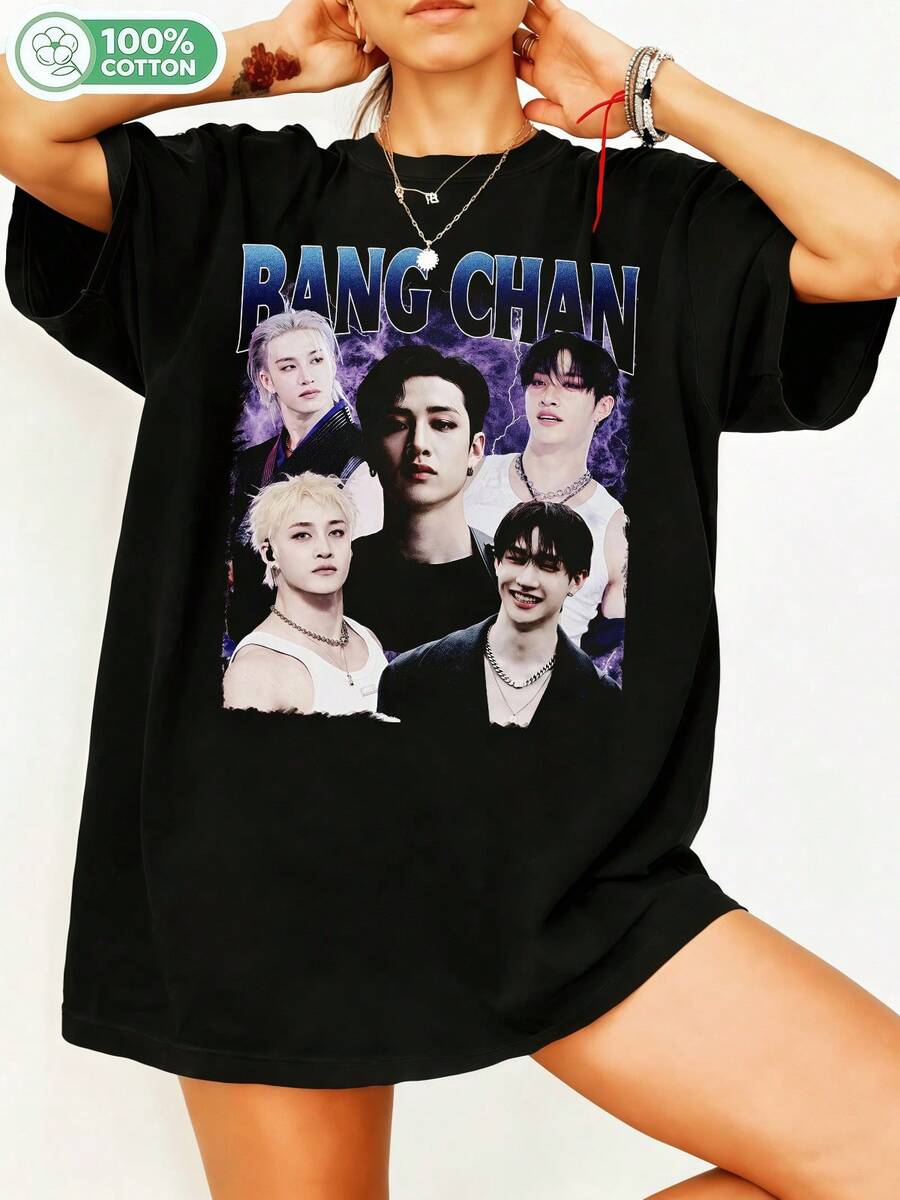 Bang Chann K-Pop Graphic T-Shirt, Purple Lightning Bolt Collage T-Shirt, 100% Cotton, Casual Short Sleeve Top, Men's Alt Streetwear, Fan Merch, Oversized Cotton Shirt, Blue Gradient Text K- - Black - View 1