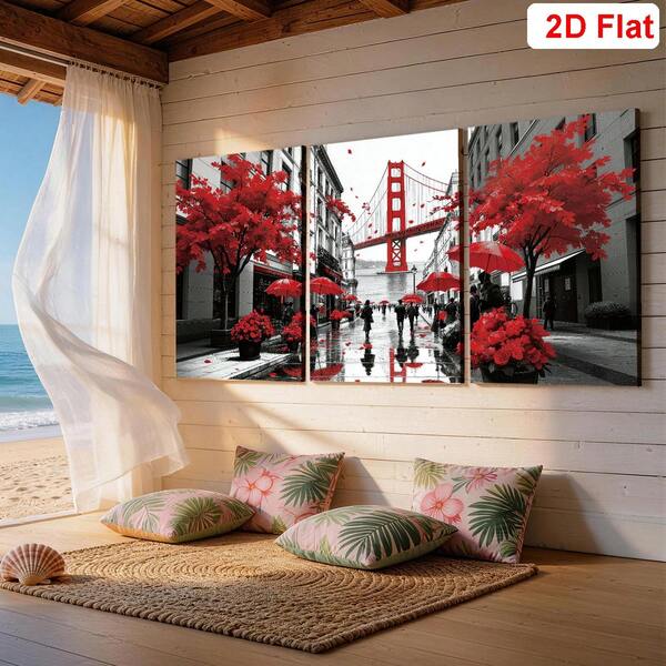 Conjunto de 3 peças de arte de parede em tela, rua da cidade de Paris com guarda-chuva vermelho na chuva, impressão artística da Torre Eiffel, pintura decorativa moderna, decoração de parede estética, presente de primavera/verão para o Dia de São Valentim e Dia da Mãe
