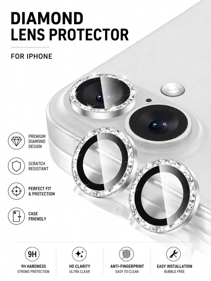 3Pcs Glitter Camera Lens Protector For IPhone 17 Pro Max, Cute Girly Metal Lens Cover, Shiny Separate Ring Design, 9H Tempered Glass Camera Protection, Anti-Scratch HD Lens Film, Silver